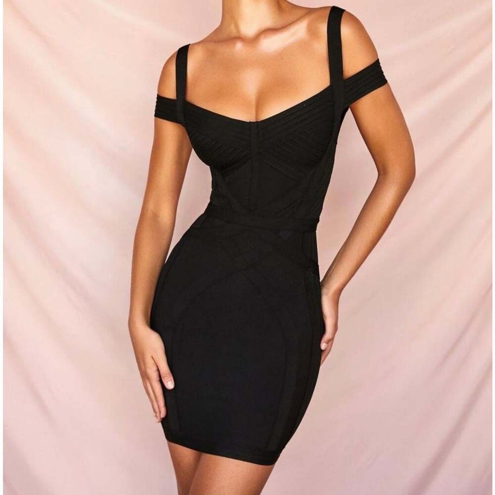 House of CB Blaise Black Bardot Bandage Mini Dress Womens S Bodycon Off Shoulder
